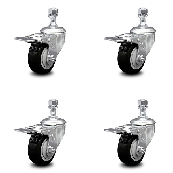 Service Caster 3.5 Inch Black Polyurethane Swivel 12mm Stem Caster Set Total Lock Brake SCC SCC-TSTTL20S3514-PPUB-BLK-M1215-4 - main